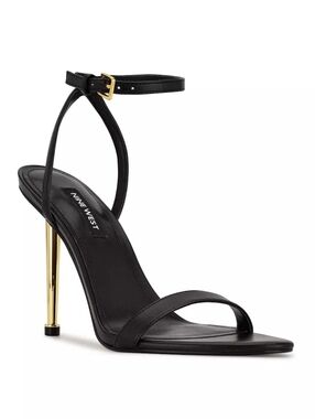 Nine West La Reina Black Strappy Stiletto Sandals with Gold Heel